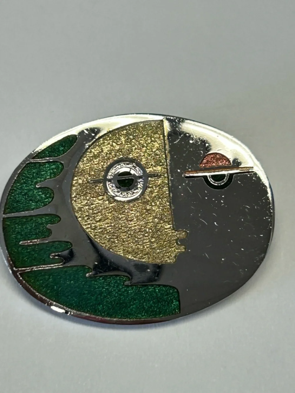 Vintage artisan De Passille & Sylvestre enameled face silver tone brooch pin